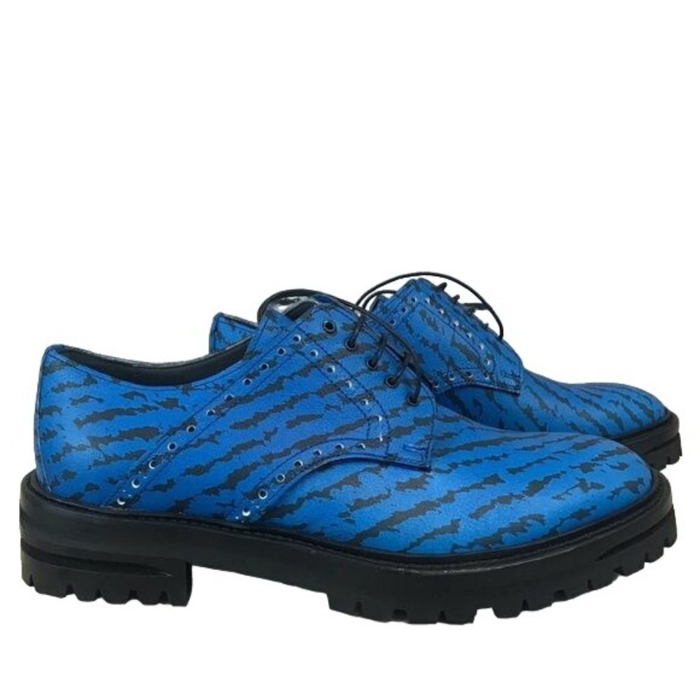 Lanvin US Size 7 Electric Blue & Black Lace Up Leather Derby Dress Shoes Oxfords